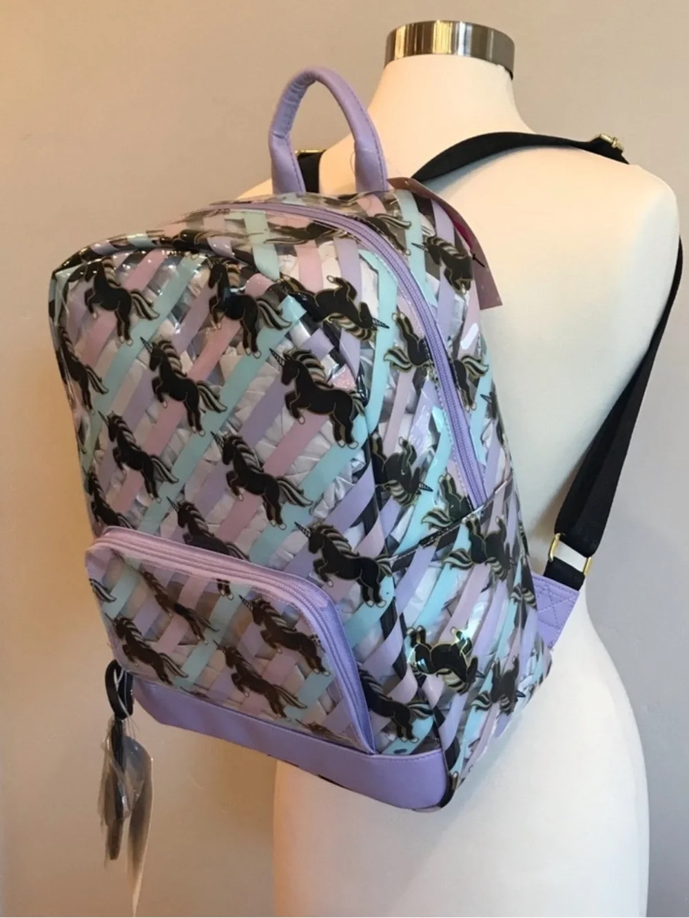 BETSEY JOHNSON Clear Striped Black Unicorn Horse Backpack